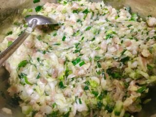 10、日式煎饺 香甜可口,加入韭菜，也朝同个方向搅拌均匀。