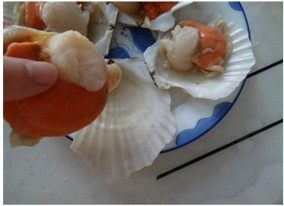 2、蒜蓉粉丝蒸扇贝,用小刀把扇贝肉和壳分离。