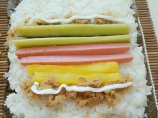3、寿司,然后将所有想加入的食材依次放在米饭上，有的放生鱼片，海鲜，蔬菜，鸡蛋，都可以，根据个人口味爱好随便加入！