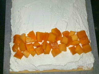 12、芒果蛋卷,在蛋糕还稍微温温的时候抹奶油，尾端抹得最薄。靠头端的地方铺芒果粒