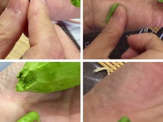 2、猫耳朵,第一种做法如图：手拿一大块面，用手揪下指拇大一块面用手指在掌心稍微团圆，放在手掌右下面用拇指从左边用力推转成猫耳朵了。