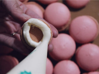 9、马卡龙万能乳酪馅,接下来就可以添加了，今天我们来做个馅中馅。外围先挤两层乳酪酱。