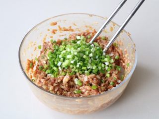 7、老家肉饼,加入小葱再次搅拌至上劲；