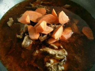 6、麻辣羊排煲,羊排用高压锅压好后，先后放入胡萝卜～