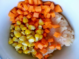 7、鸡胸蔬菜小方,把材料都放在大碗里