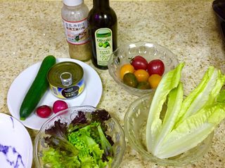 1、????健康瘦身➕营养的吞拿鱼蔬菜沙拉,准备好所有食材