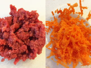 8、清蒸牛肉海苔包菜卷 南瓜蘑菇汤,将牛肉切碎，胡萝卜刨丝