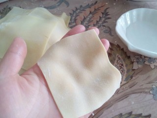 10、#地方特色小吃# 自制龙抄手,取一块皮,放手掌上