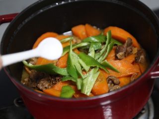 15、胡萝卜炖牛腩,再调入少许盐提味