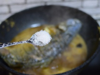 13、家常炖鱼,加白糖和盐，大火烧开，转中火继续炖至收汁