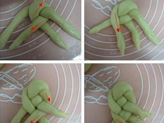 4、绣球面包,把面团搓成长约20厘米的长条，两根交叉辫在一起，收尾粘在一起