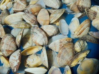 16、烤三鲜拼盘,花蛤这样水一开就可以了，不能让它煮到脱肉哦。