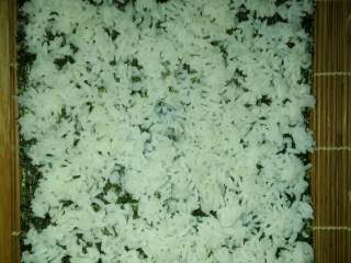 2、寿司,放上海苔，海苔上面放上米饭。米饭莆匀。