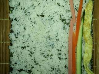 3、寿司,放上鸡蛋、黄瓜、胡萝卜、火腿肠。卷起就可以了。