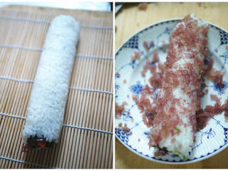 6、海草寿司,卷好的寿司，把血珊瑚草剁碎或者将切碎的西兰花碎铺在大盘子里，放上卷好的寿司外卷滚一圈即可。