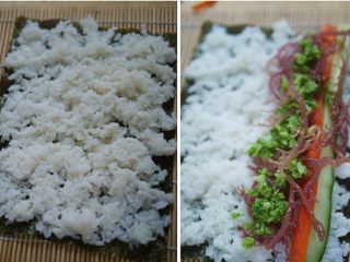 7、海草寿司,内卷：海苔上铺一层米饭，放上胡萝卜黄瓜，西兰花碎、血珊瑚草卷起即可。吃的时候沾寿司酱油、辣根。