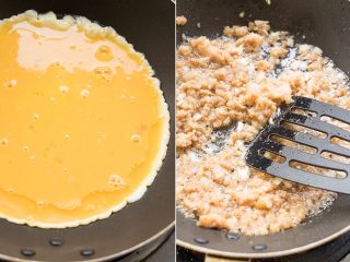 2、汁浇肉蛋烧,起油锅将肉沫和蒜爆香后待用，起平底锅刷上一层油将蛋液倒入