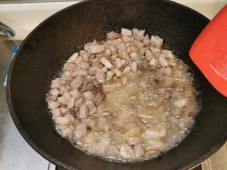 7、京式炸酱【老北京味道，用六必居干酱做】,待肥肉丁略略出油，转金黄色，转大火放入瘦肉丁翻炒，一齐煮。