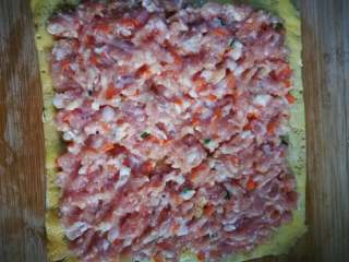 14、黄金如意卷#挑战鸡蛋的100种做法#,均匀铺上肉糜。