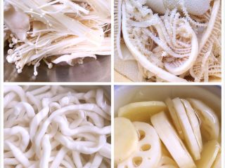 1、麻辣烫,金针菇洗净撕开,毛肚多过几次清水洗净,土豆粉温水泡开,土豆去皮后切片泡冷水,藕去皮泡冷水。