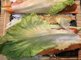 2、鸡蛋胡萝卜火腿寿司,按紫菜，米饭，青菜，肉，最后生菜铺好