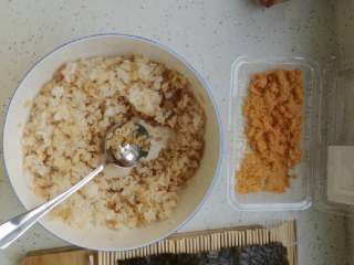 1、寿司,蒸好的米饭，放凉后，倒入适量寿司醋，寿司酱油，搅拌均匀。