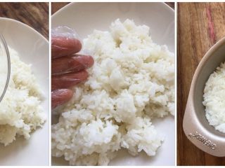 2、孩子最喜欢的造型寿司来啦,倒入少许白糖，搅拌均匀，去适量的搅拌好的大米放入模具中，这个模具是不沾的，如果觉得不方便脱模，可以抹一点点玉米油