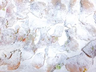 28、吃掉一朵花+牡丹鱼,然后把鱼肉翻过来，再筛上20g的玉米淀粉，要均匀，不薄不厚，像女人皮肤擦粉底似的。静置一会儿，让鱼肉和淀粉好好的亲密一下。