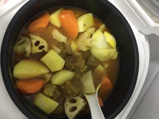 12、咖喱牛腩,牛肉煮至9分熟加入土豆，胡萝卜，藕。适量盐调味