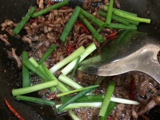 14、豆芽爆炒小肉丝,煸炒几秒干辣椒后放入葱段