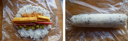 5、花样吃米饭~~~一口香芝麻小饭团,案板上放上寿司用竹帘，再放上一个大号保鲜袋，取适量米饭铺在保鲜袋，带上料理用一次性手套把米饭按压平整后，依次挤上千岛酱，放上肉松，蛋皮，台式香肠和青瓜碎，小心得卷起后压紧压实后，用利刀一切二即可。