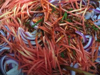 4、家庭版辣白菜,如图继续添加萝卜了、洋葱、葱、韭菜搅拌均匀，辣白菜摸的酱就做好了