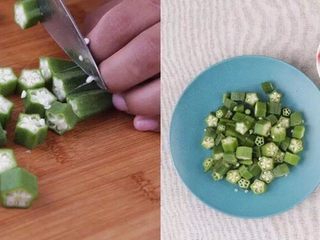 3、一份不正宗的意大利面,但好吃到一人吃三碗!?,秋葵切段,西红柿切块