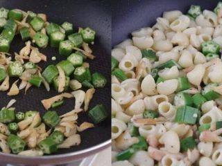 6、一份不正宗的意大利面,但好吃到一人吃三碗!?,翻炒均匀后加入秋葵,快速翻炒,保持爽脆的口感;加入煮熟的控干水的意面