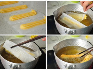 17、西班牙油条——吉拿果,也可以把面糊挤在油纸上,连同油纸一起入锅炸,面糊和油纸分离后再夹出油纸,炸至金黄即可。