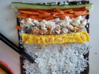 3、。紫菜包饭。（寿司）,把用白糖和醋拌好的米饭均匀铺在紫菜上，放入配料