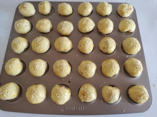 9、红豆沙小餐包,发酵好的面团取出来，刷上鸡蛋液，撒上白芝麻