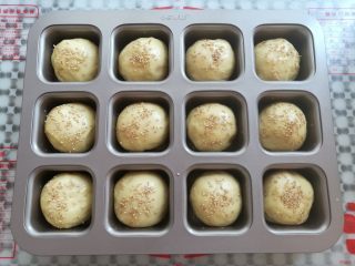 7、黄豆粗粮迷你汉堡,面团取出在表面刷一层薄薄的蛋液，撒上适量的白芝麻（同时预热烤箱上火130度，下火170度）