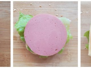 14、黄豆粗粮迷你汉堡,取一块面包挤上沙拉酱，放上生菜和火腿肠，再放上芝士片和番茄，最后盖上面包顶部