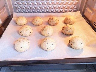 8、麦片芝麻小餐包,烤箱调至“发酵”功能，将面包放入烤箱内，40度发酵40分钟。