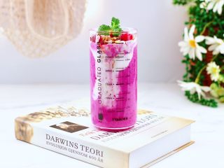 11、火龙果蔓越莓麦片酸奶昔,最后点缀上薄荷叶和蔓越莓果即可。