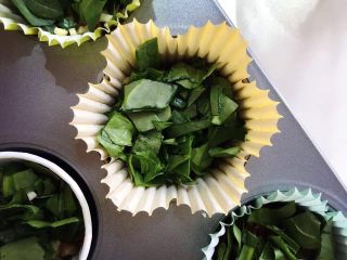 5、小芽早餐-意式早餐鸡蛋杯 ,放入菠菜碎,七八分满即可