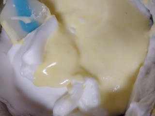 18、纸杯酸奶蛋糕,把翻拌均匀的蛋糊倒回剩下的蛋白霜里。