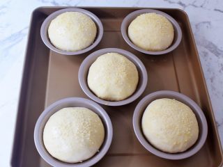 8、猪排汉堡包,等面团发酵至两倍大，表面刷上全蛋液，撒上白芝麻