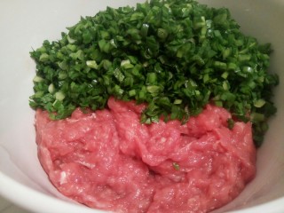 7、蛋抱韭菜饺子,再把调好的肉馅和韭菜一起拌匀（拌好的韭菜，要尽快包）