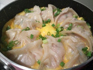 16、蛋抱韭菜饺子,鸡蛋液也熟了，撒点小葱提香。