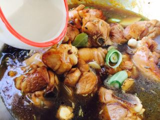 12、小鸡炖蘑菇,倒入适量的温开水，水的量与鸡块齐平。