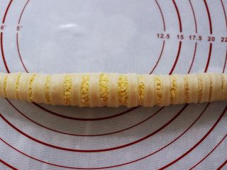 15、椰蓉奶香面包圈,切好后从侧面卷起，卷成长筒状底边放在下面压住，防止发酵时胀开。