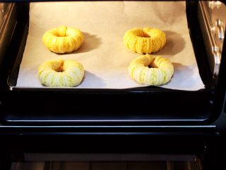 17、椰蓉奶香面包圈,依次全部做好后放入烤盘，放在温暖湿润处最后发酵。