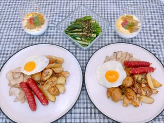 15、经典美式早餐,两份套餐，再配上一份芥末秋葵和两杯百香果拌酸奶，一顿营养丰富，兼具美味和颜值的Sunday brunch即可享用啦～